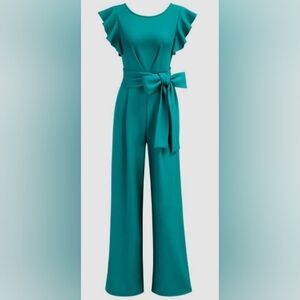 Elegant Teal Ruffled Sleeve Pant Suit with Waist Tie